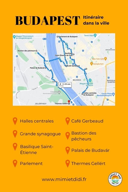Itinéraire à Budapest : Halles centrales, Grande synagogue, Basilique Saint-Étienne, Parlement, Café Gerbeaud, Bastion des pêcheurs, Palais de Budavár, Thermes Gellért